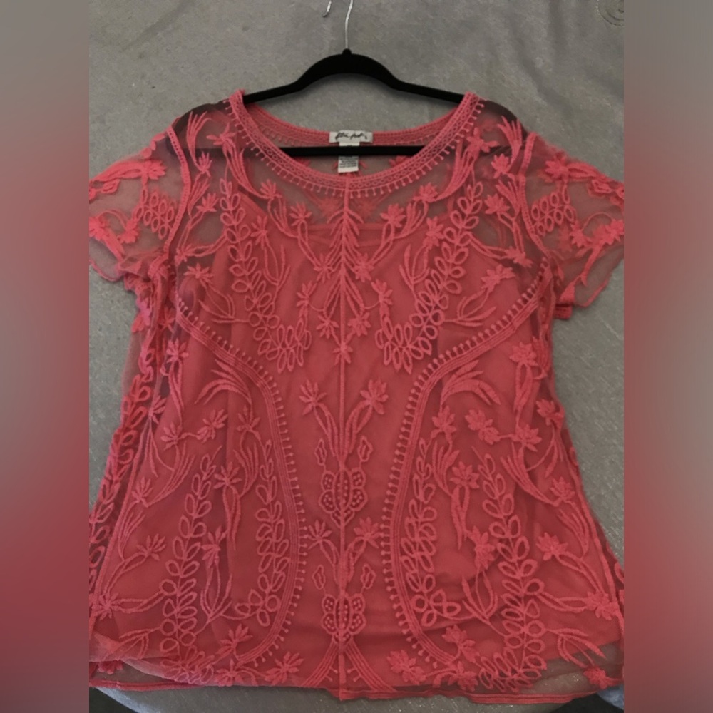 Ultra Pink Coral Embroidered Crochet Top